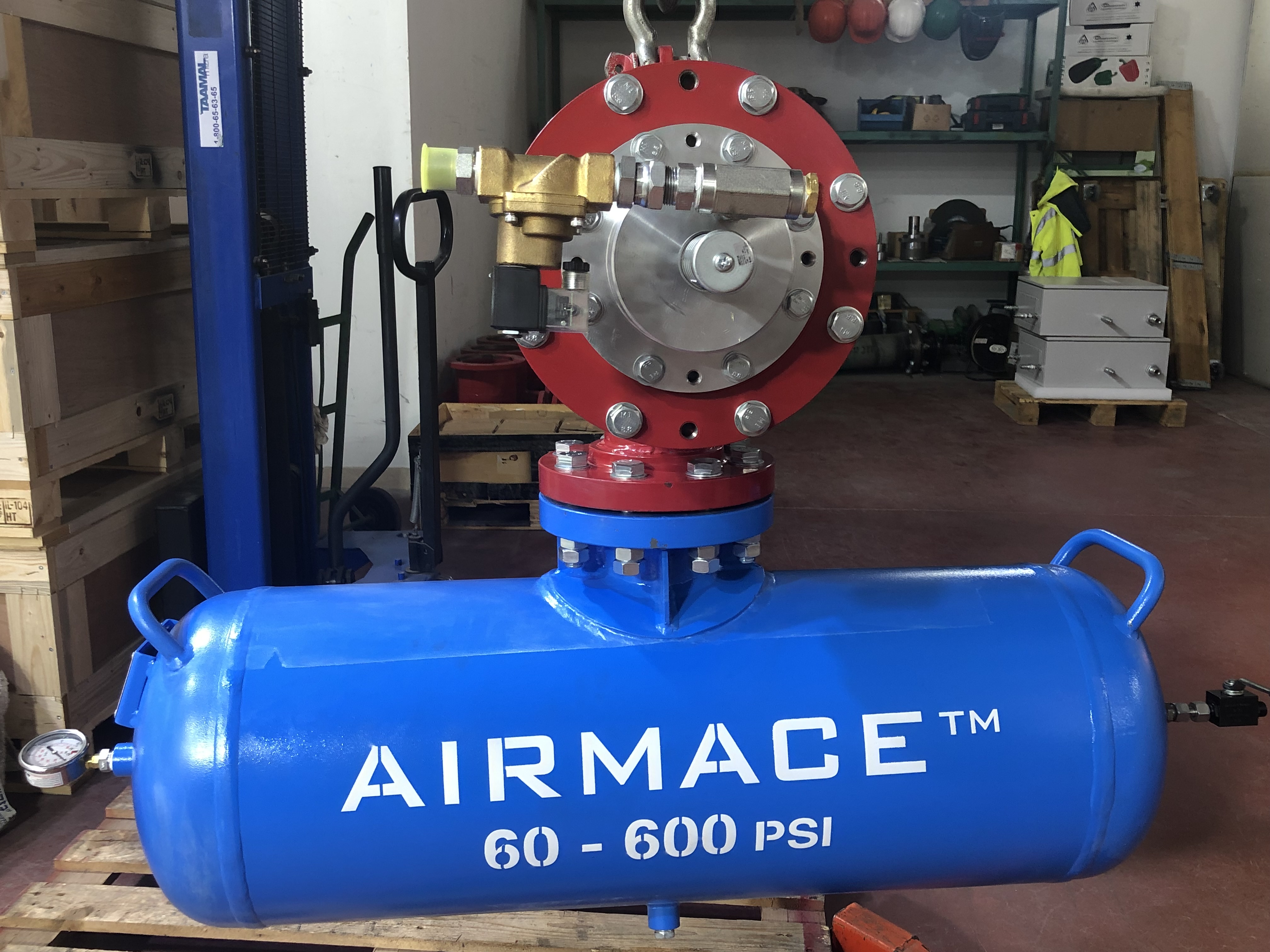 AirMace™ high-pressure air cannon unit in the Flow Industries workshop